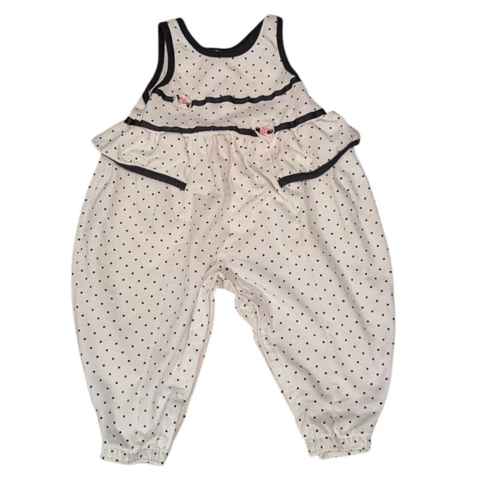 90s Vintage Buster Brown black white polka dot Baby Romper 24‎ Months Ruffles